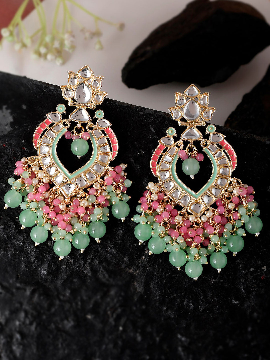 Shoshaa Gold-Polished Green & Pink Enamel Kundan-Studded Drop Earrings