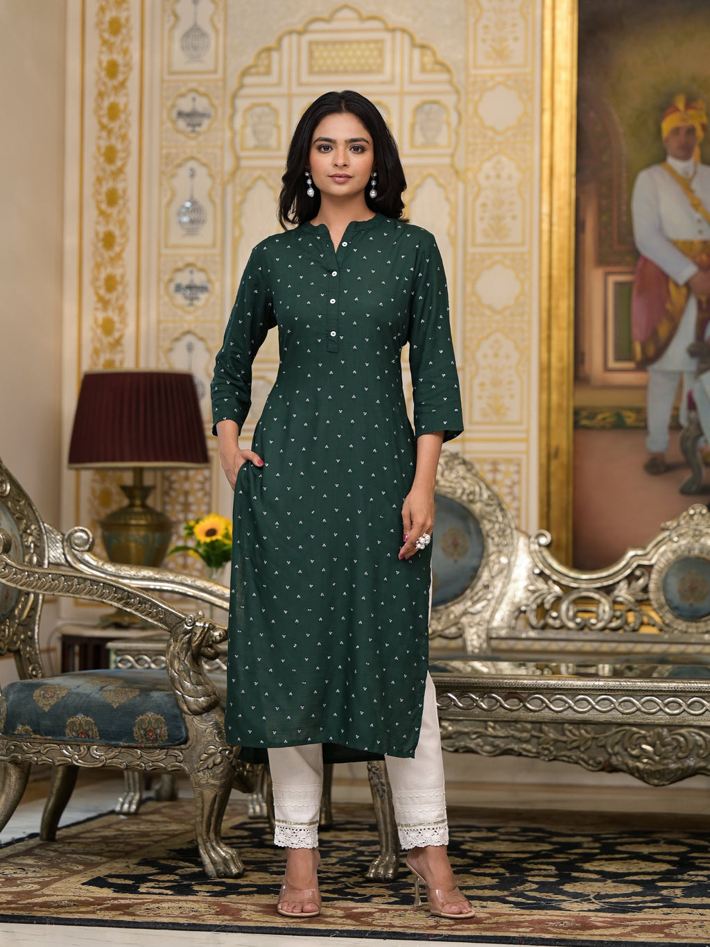 Juniper Women's Bottle Green Liva Rayon Kurta With Buttons Details