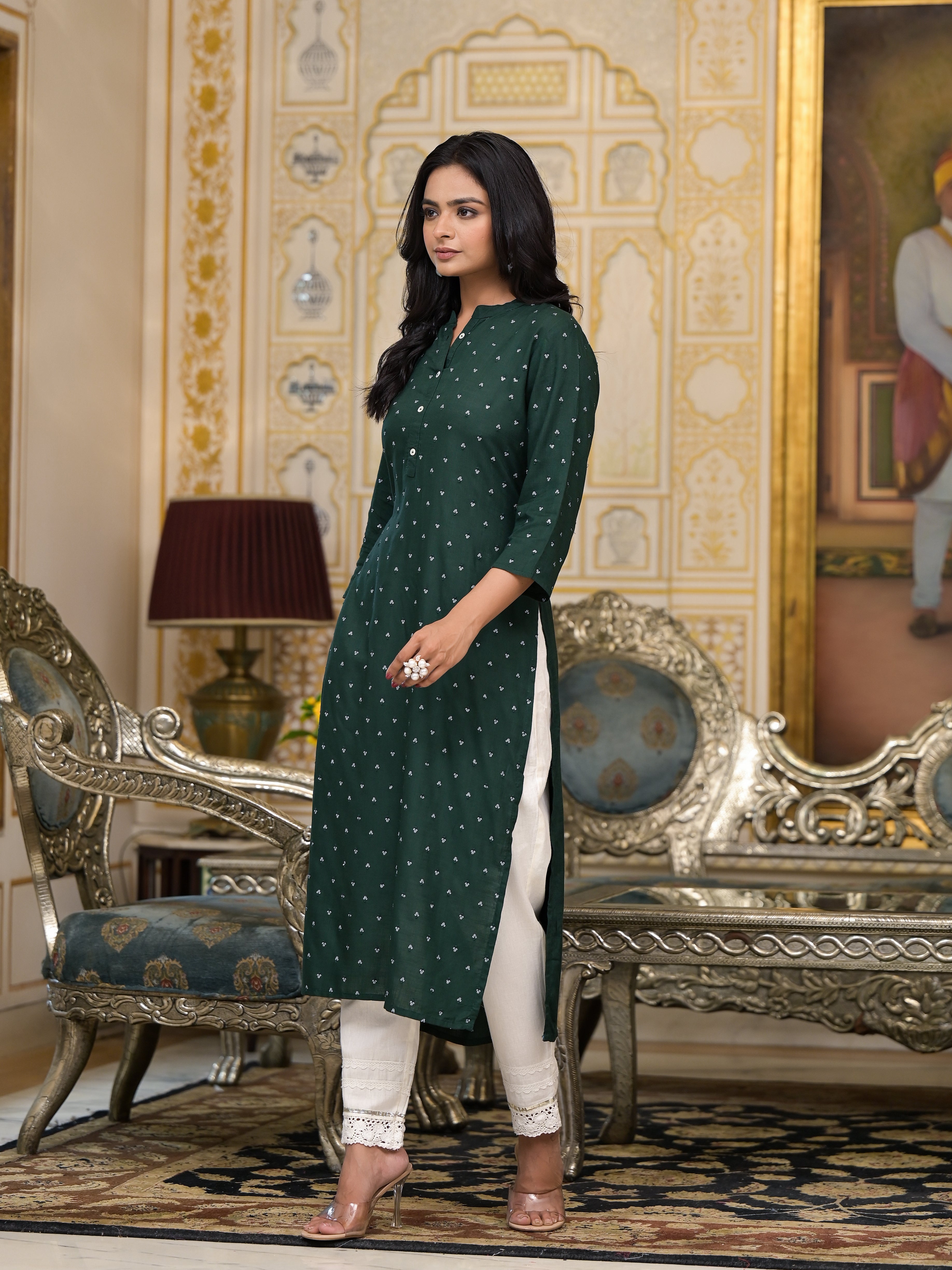 Juniper Women's Bottle Green Liva Rayon Kurta With Buttons Details