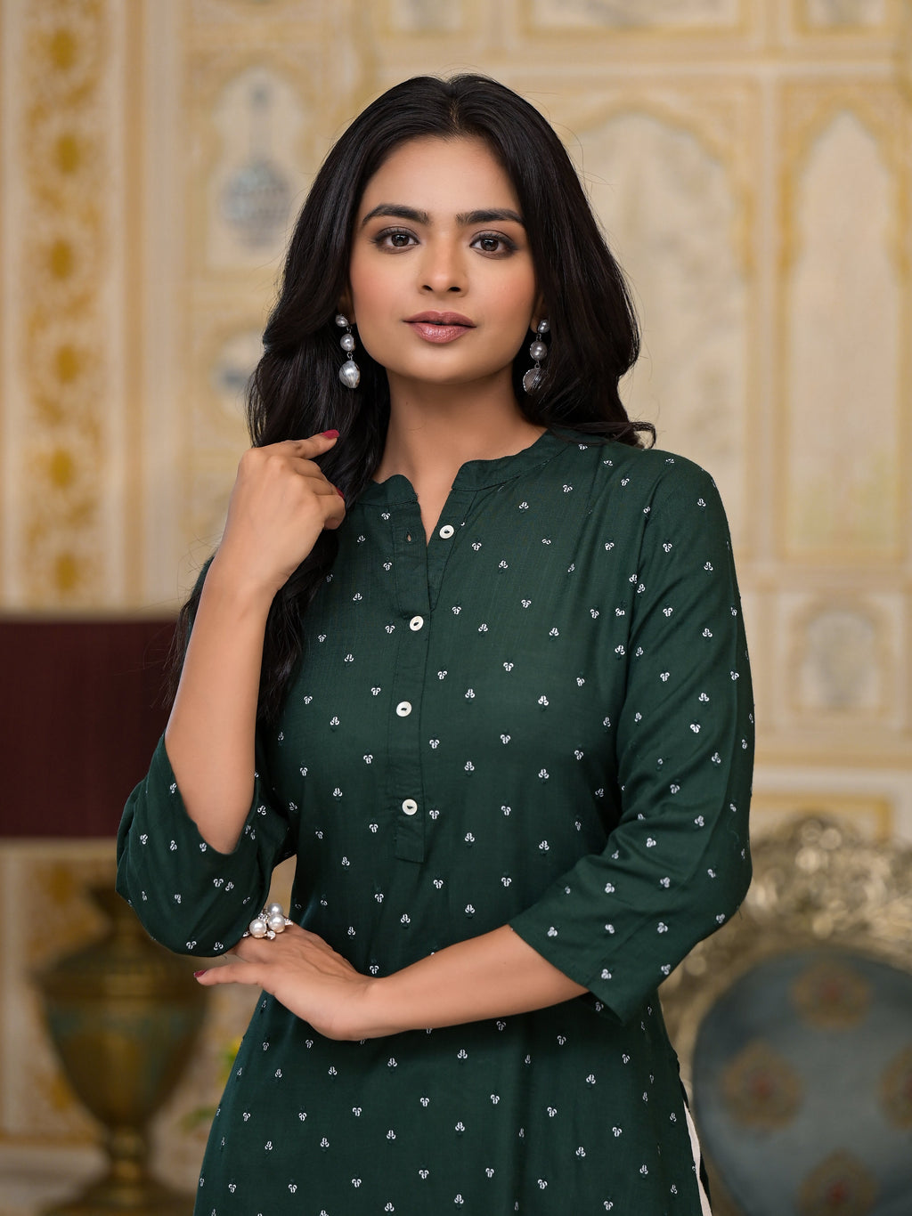 Juniper Women's Bottle Green Liva Rayon Kurta With Buttons Details