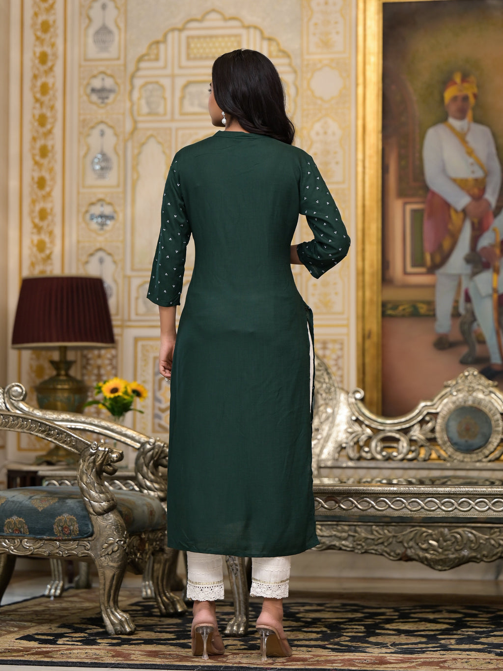 Juniper Women's Bottle Green Liva Rayon Kurta With Buttons Details