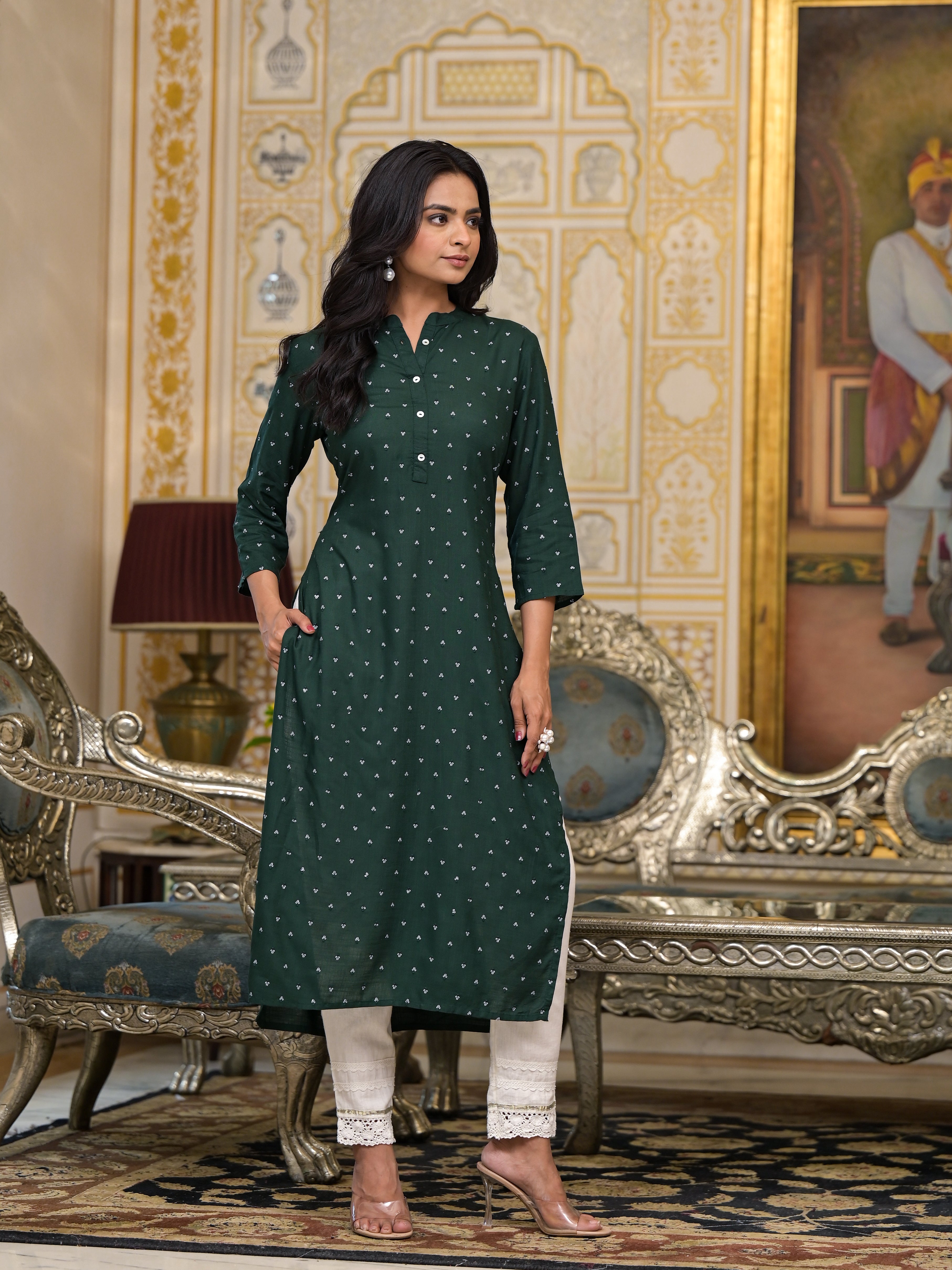 Juniper Women's Bottle Green Liva Rayon Kurta With Buttons Details