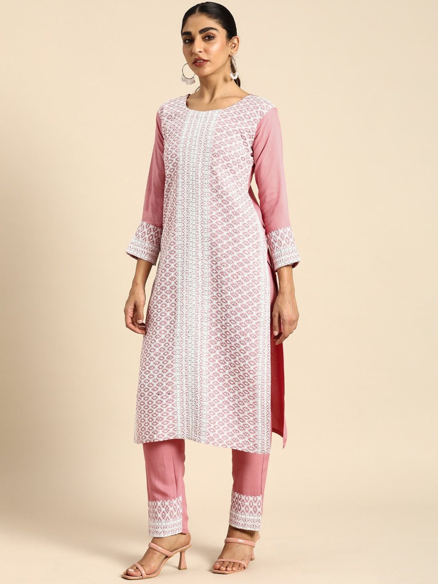 All About You Women Embroidered Chikankari Kurta With Trousers & With Dupatta