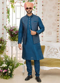 Raivat Ethnic Art Silk Embroidery Work Jacket Set In Teal Blue Colour
