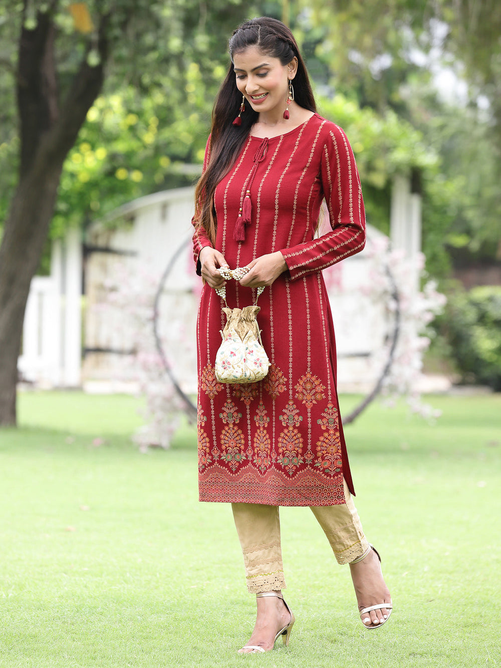 Juniper Women Women's Acrylyc Viscose Jaquard Knit Maroon Printed Straight Festive Kurta