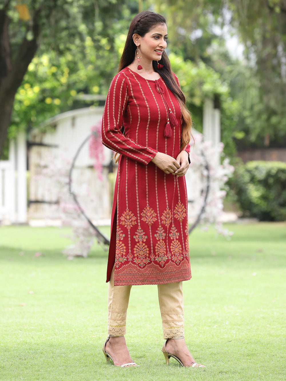 Juniper Women Women's Acrylyc Viscose Jaquard Knit Maroon Printed Straight Festive Kurta