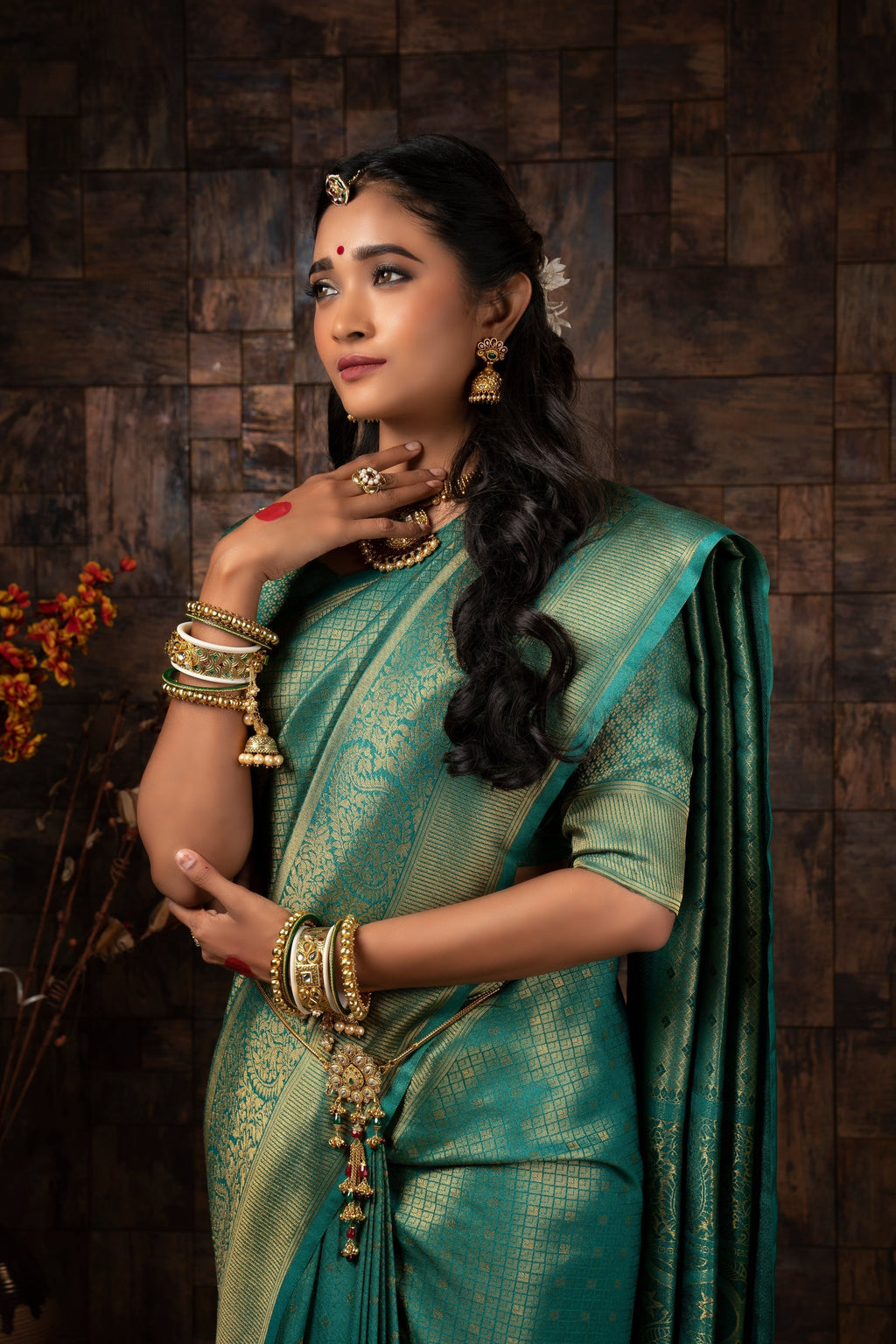 Vardha Turquoise Blue Golden Zari Brocade Kanjeevaram Silk Saree