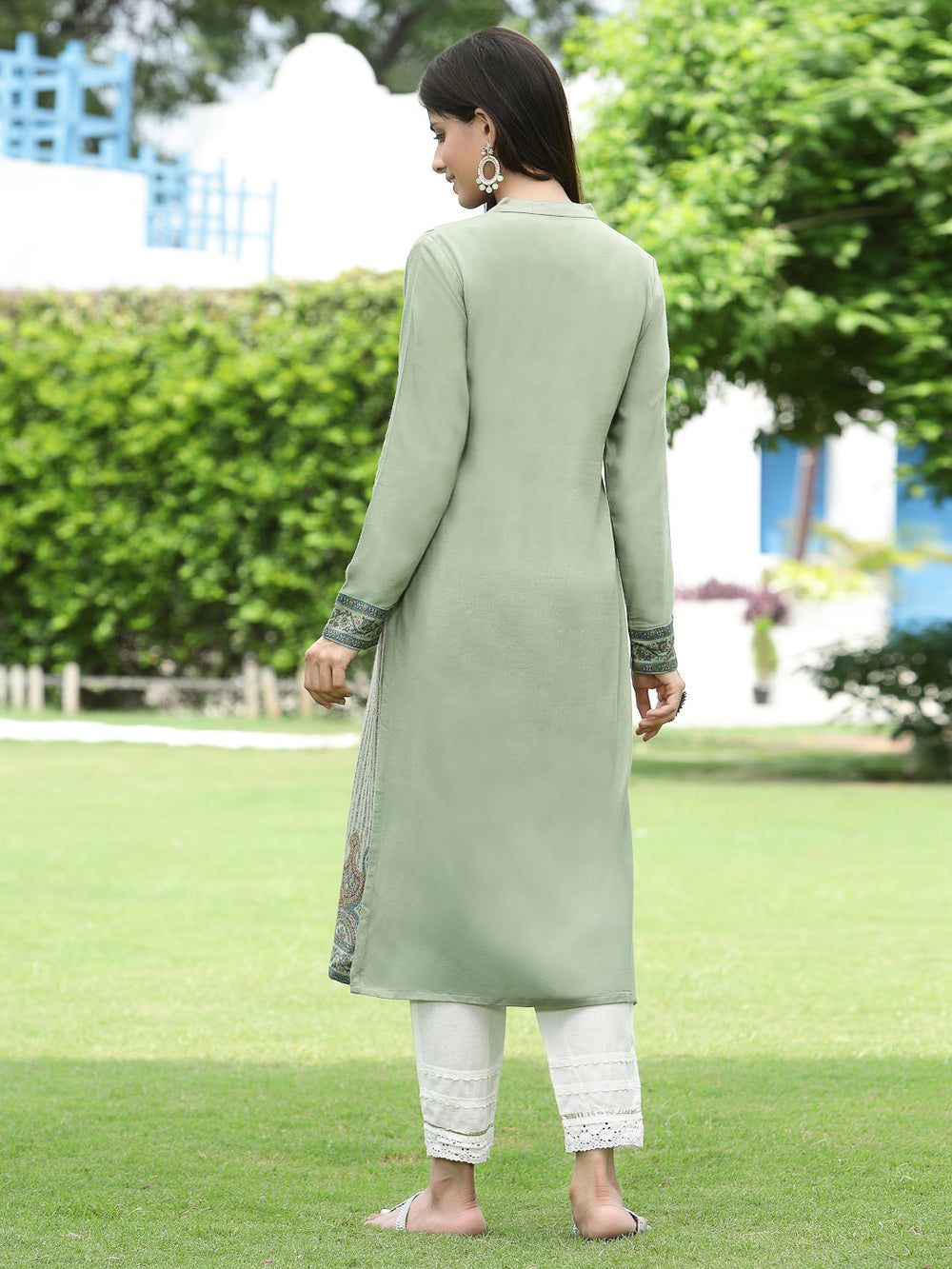 Juniper Women Women's Acrylyc Viscose Jaquard Knit Green Printed Straight Festive Kurta