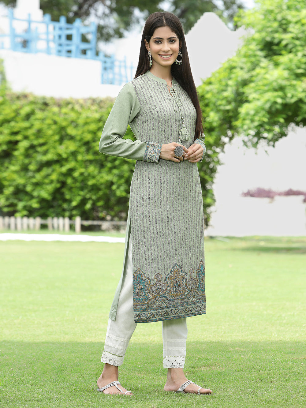 Juniper Women Women's Acrylyc Viscose Jaquard Knit Green Printed Straight Festive Kurta