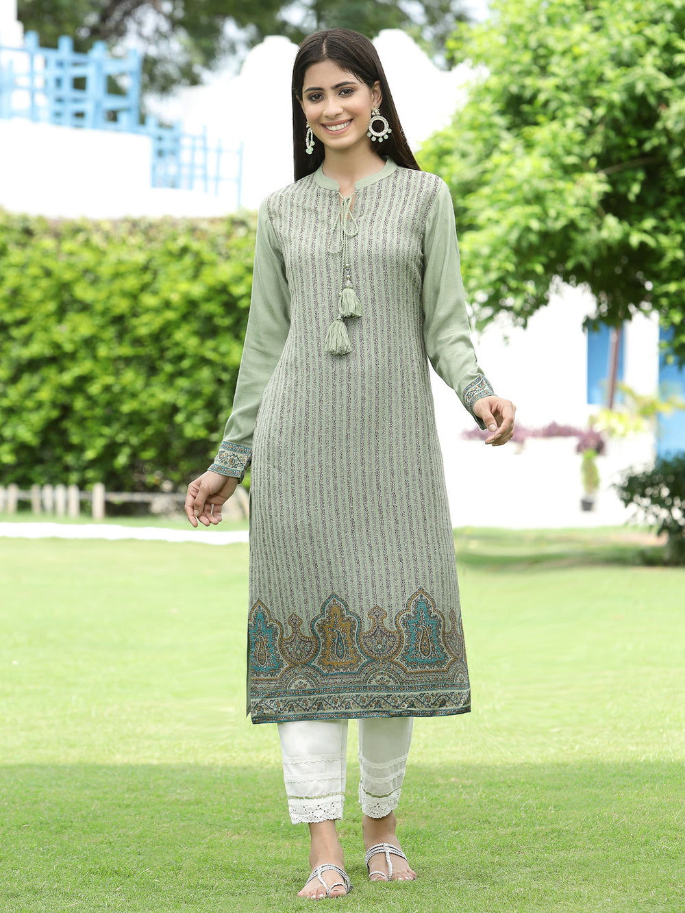 Juniper Women Women's Acrylyc Viscose Jaquard Knit Green Printed Straight Festive Kurta