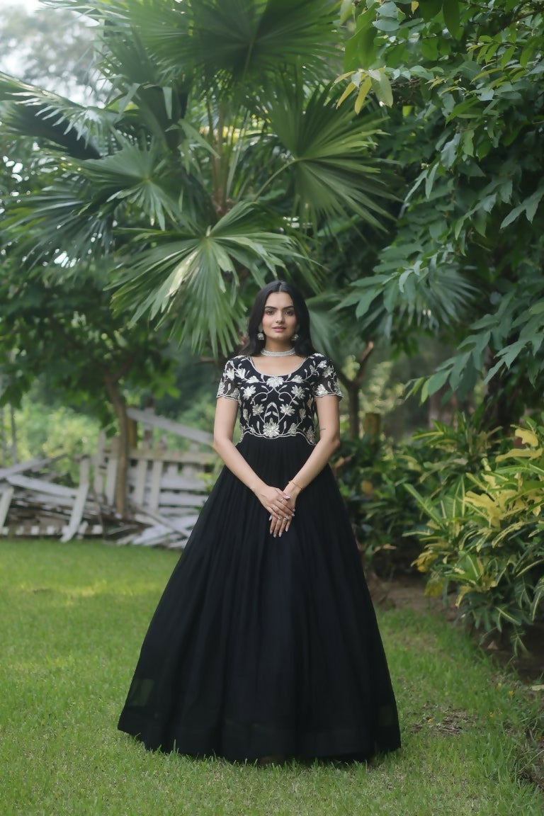 Jyoti Fashion Women's Black Sequins Embroidered Faux Georgette Anarkali Dress