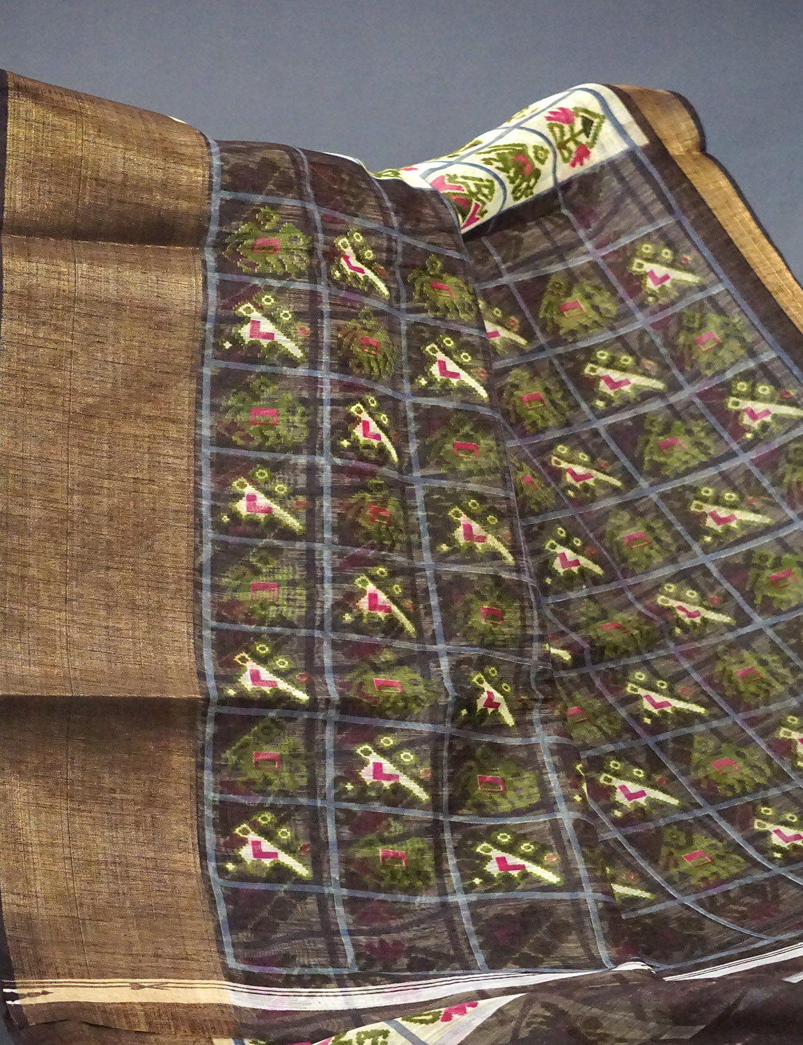 Shades of Light Apple Green And Dark Mehndi Green Colour Blouse Ikat Design Semi Chanderi Saree By Gayathri Reddy Designer Studio