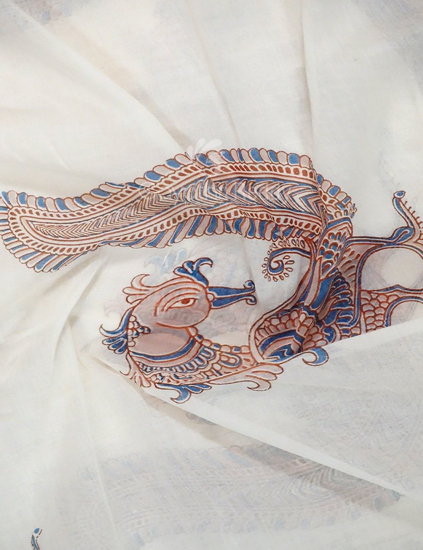 Cream Colour Peacock Block Print Crocia Mulmul Cotton Saree By Gayathri Reddy Designer Studio
