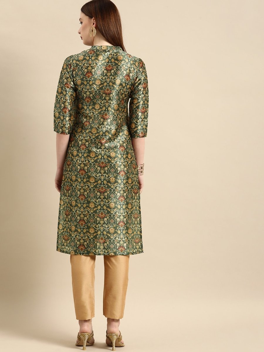 All About You Women Green & Mustard Yellow Ethnic Motifs Print Chanderi Silk Blend Kurta