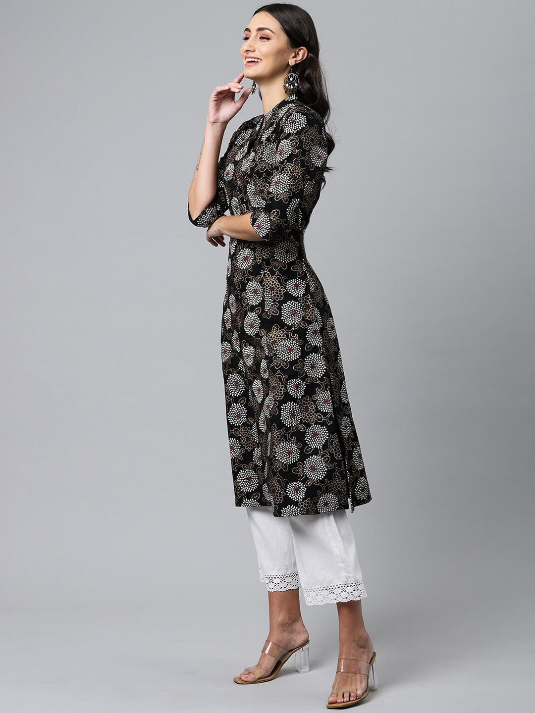 HERE&NOW Mandarin Collar Floral Printed Cotton Kurta