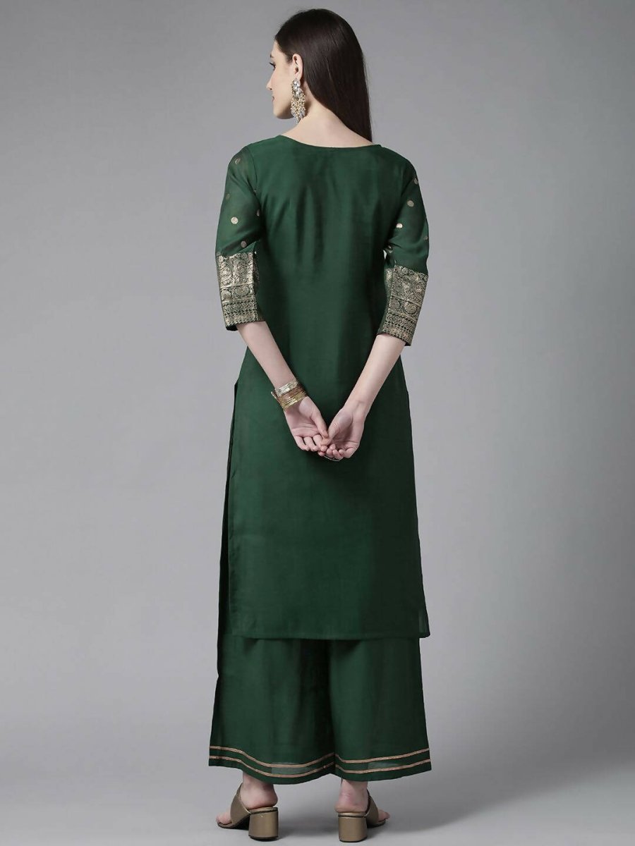 Ahalyaa Womens Dark Green Chanderi Gold Foil Printed Kurta Palazzo Set