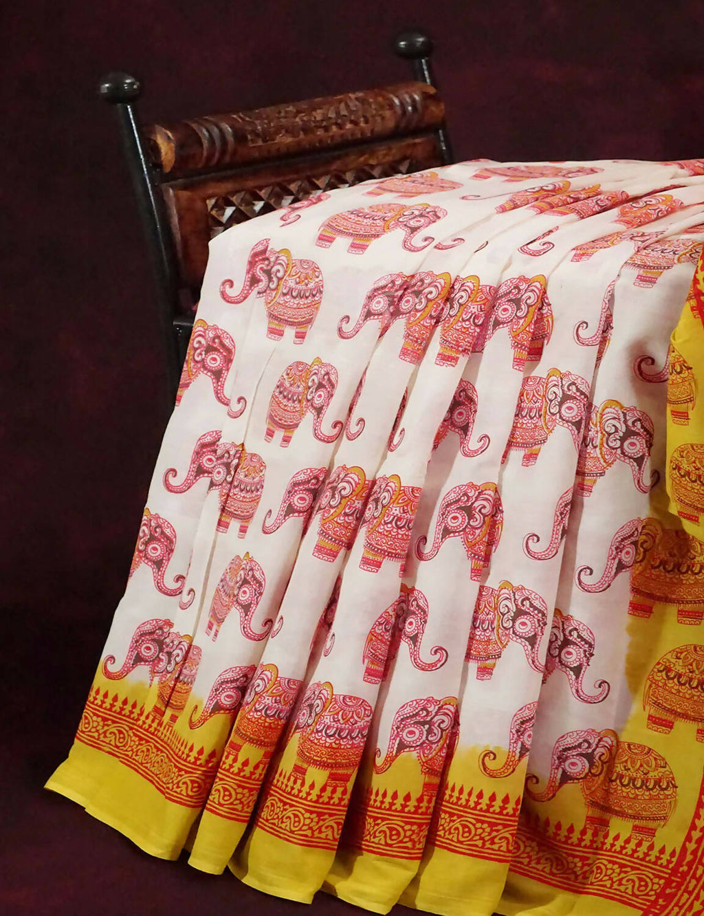 White Colored Elephant Block Print Pure Mulmul Cotton By Gayathri Reddy Designer Studio