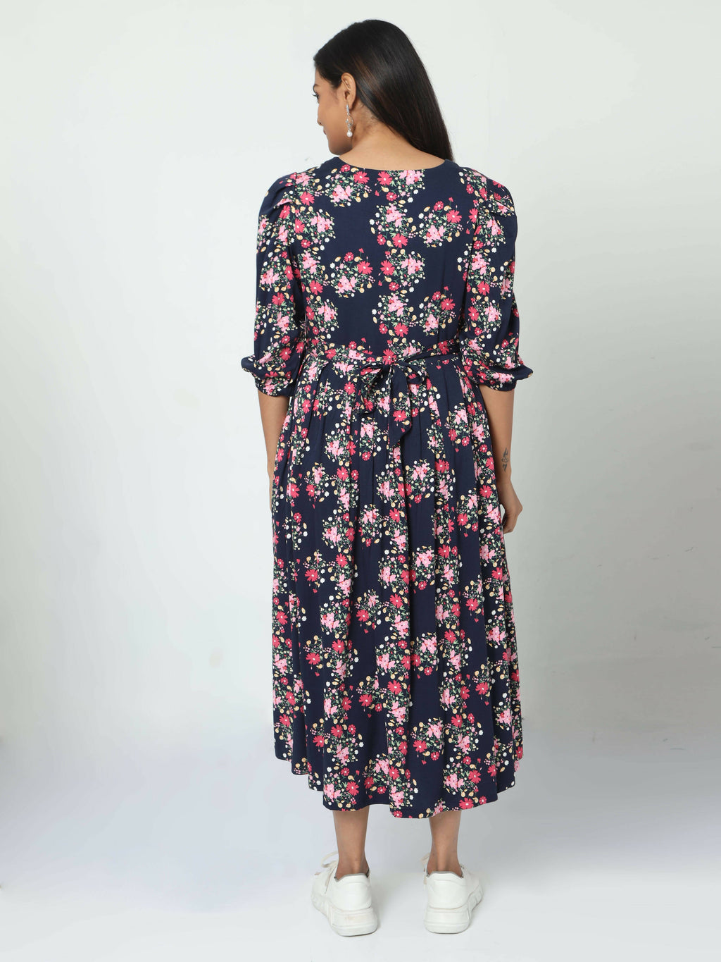 Manet Three Fourth Maternity Dress Floral Print With Concealed Zipper Nursing Access - Navy Blue