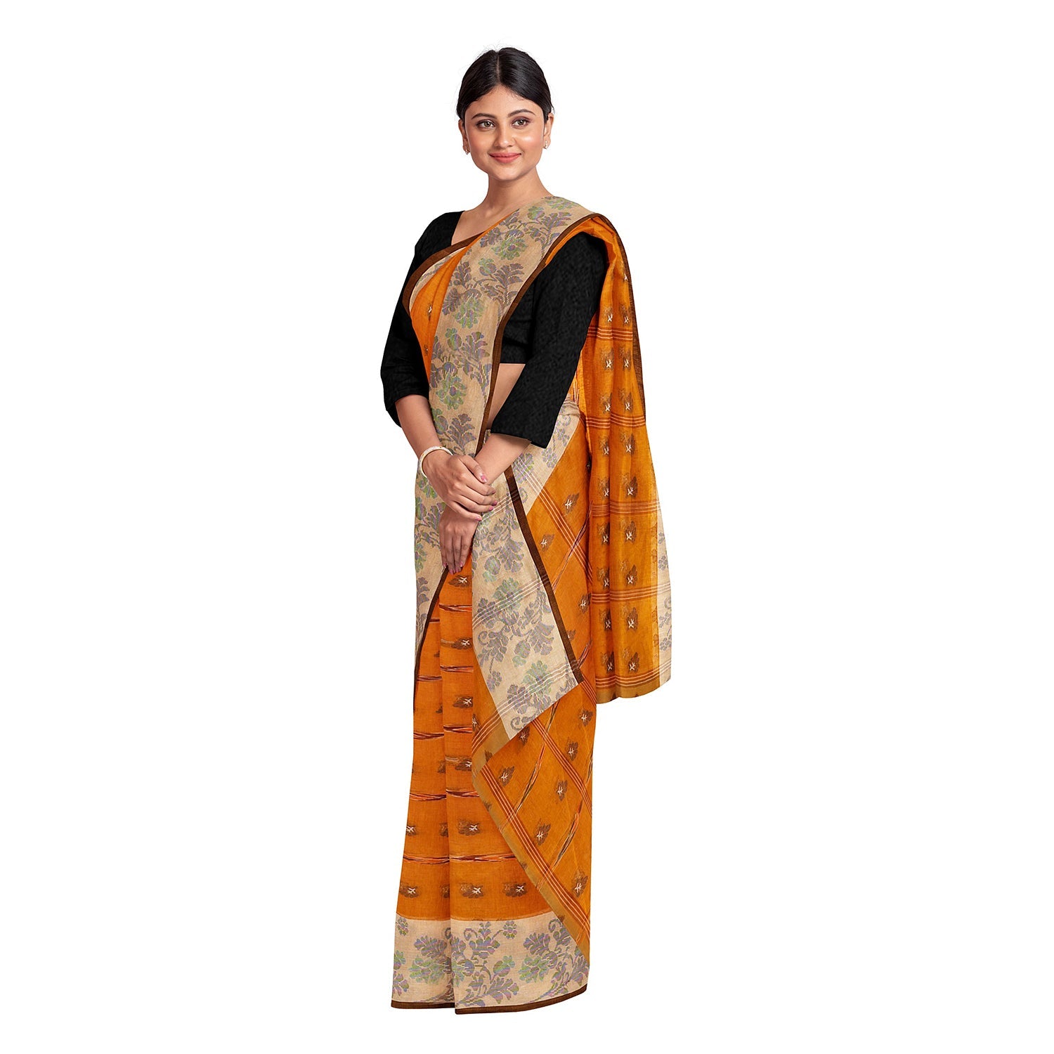Exclusive Collection 100% Pure Cotton Orange Tant Saree With Hand Weaving Work