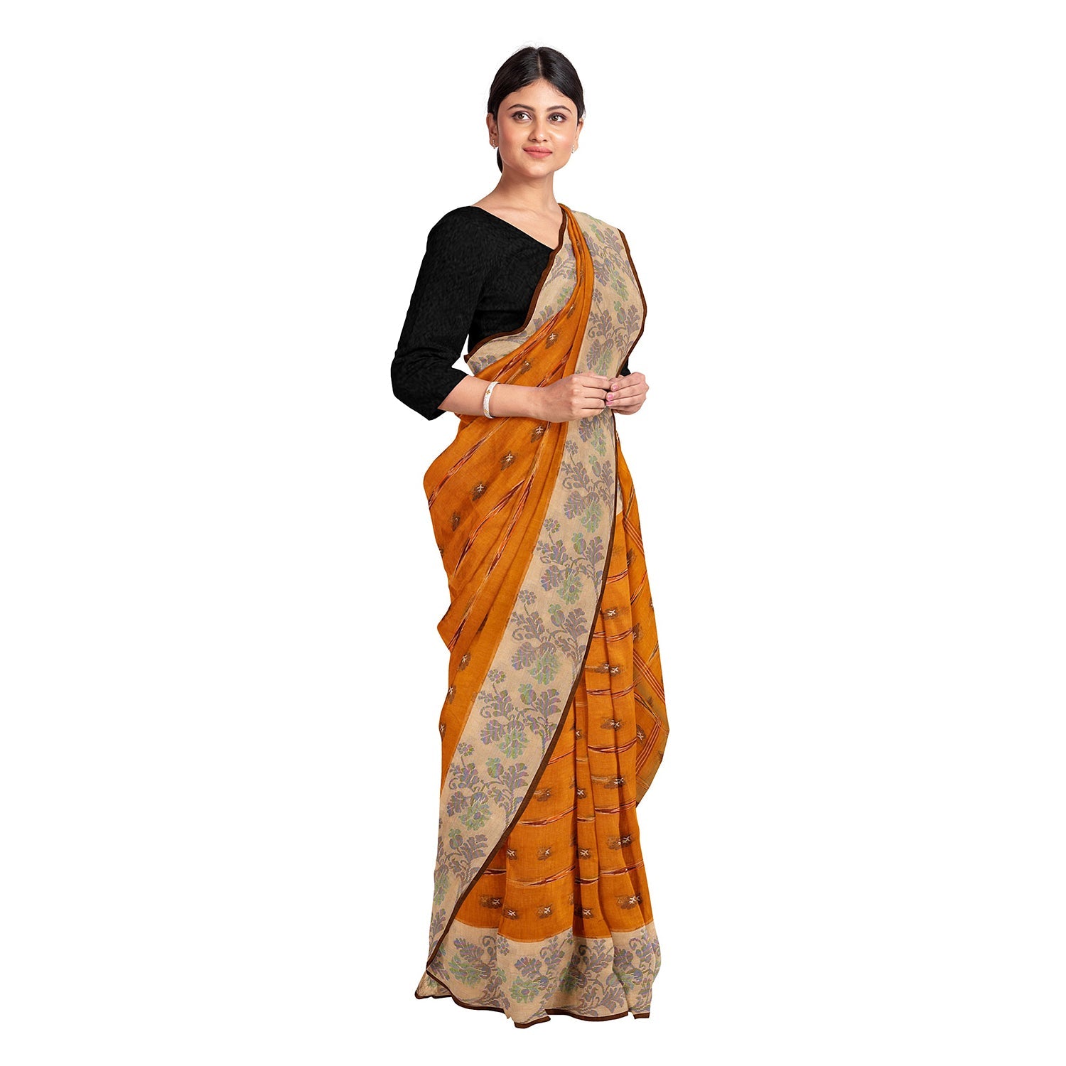 Exclusive Collection 100% Pure Cotton Orange Tant Saree With Hand Weaving Work