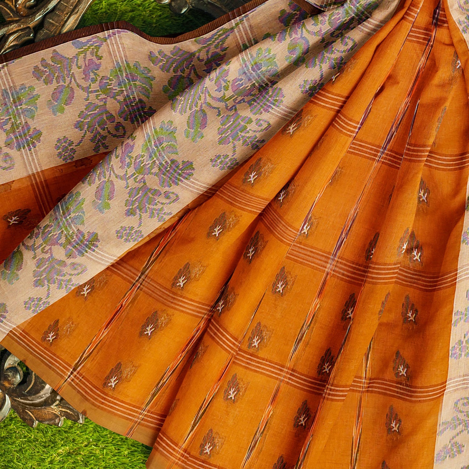 Exclusive Collection 100% Pure Cotton Orange Tant Saree With Hand Weaving Work