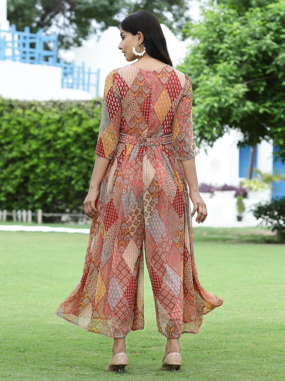 Juniper Multi Chiffon Festive Printed Flared Jump Suit For Women