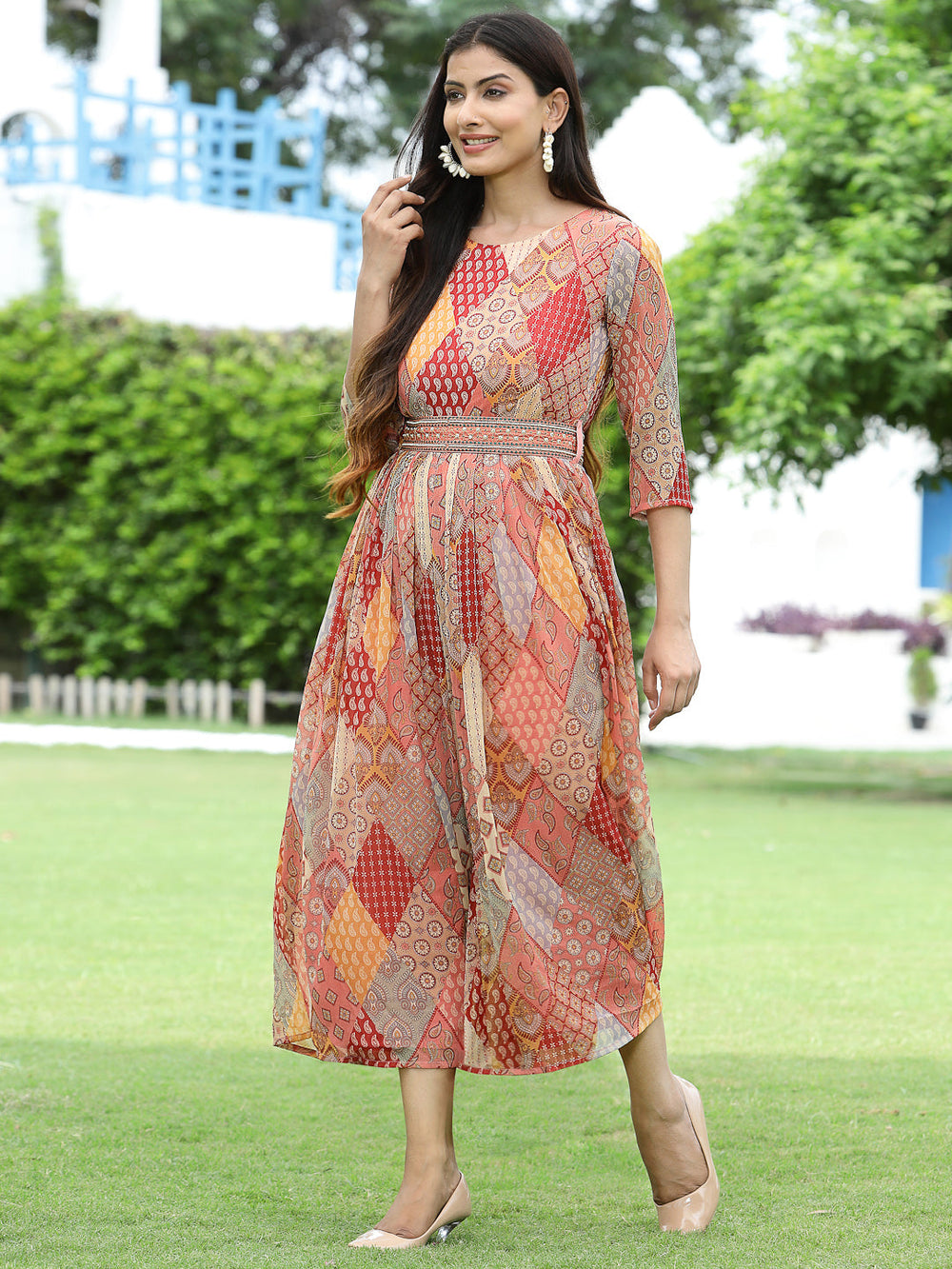 Juniper Multi Chiffon Festive Printed Flared Jump Suit For Women