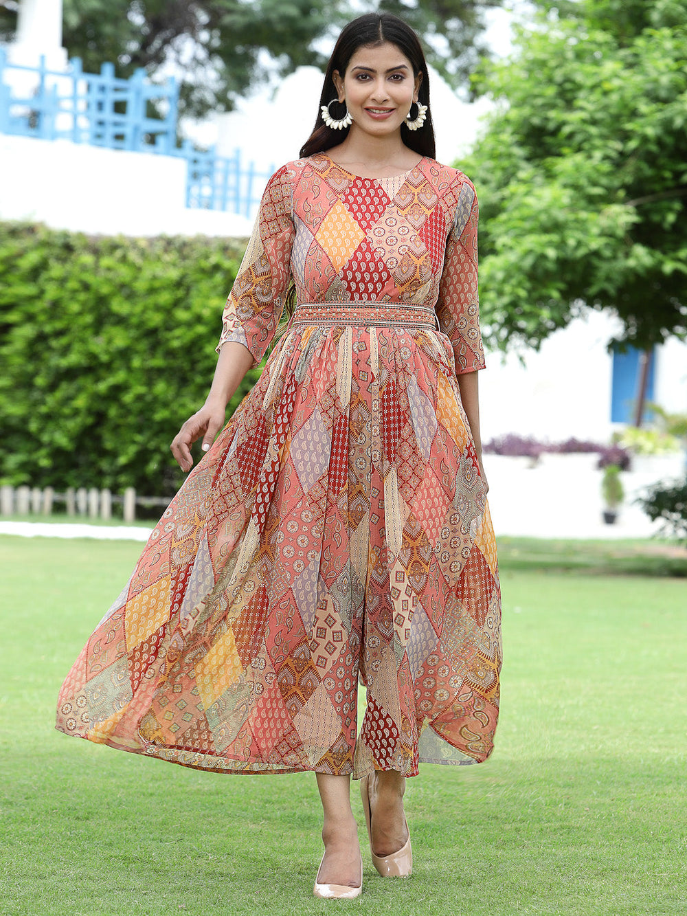 Juniper Multi Chiffon Festive Printed Flared Jump Suit For Women