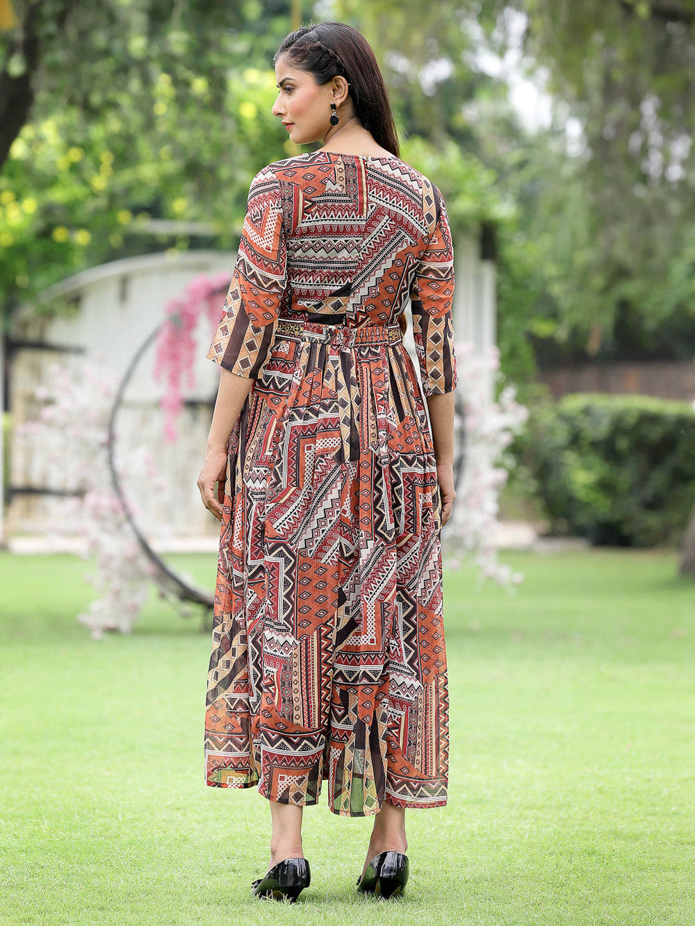 Juniper Brown Multi Chiffon Festive Printed Flared Jump Suit For Women