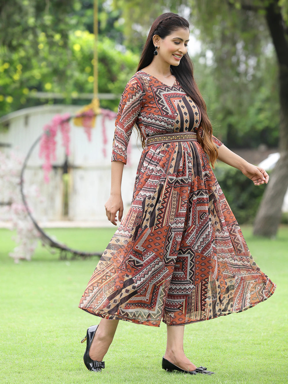 Juniper Brown Multi Chiffon Festive Printed Flared Jump Suit For Women