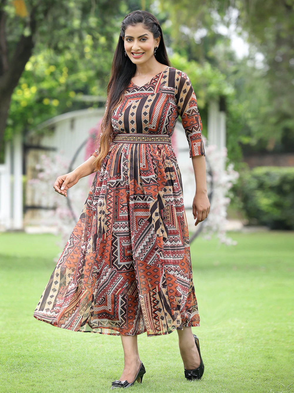 Juniper Brown Multi Chiffon Festive Printed Flared Jump Suit For Women