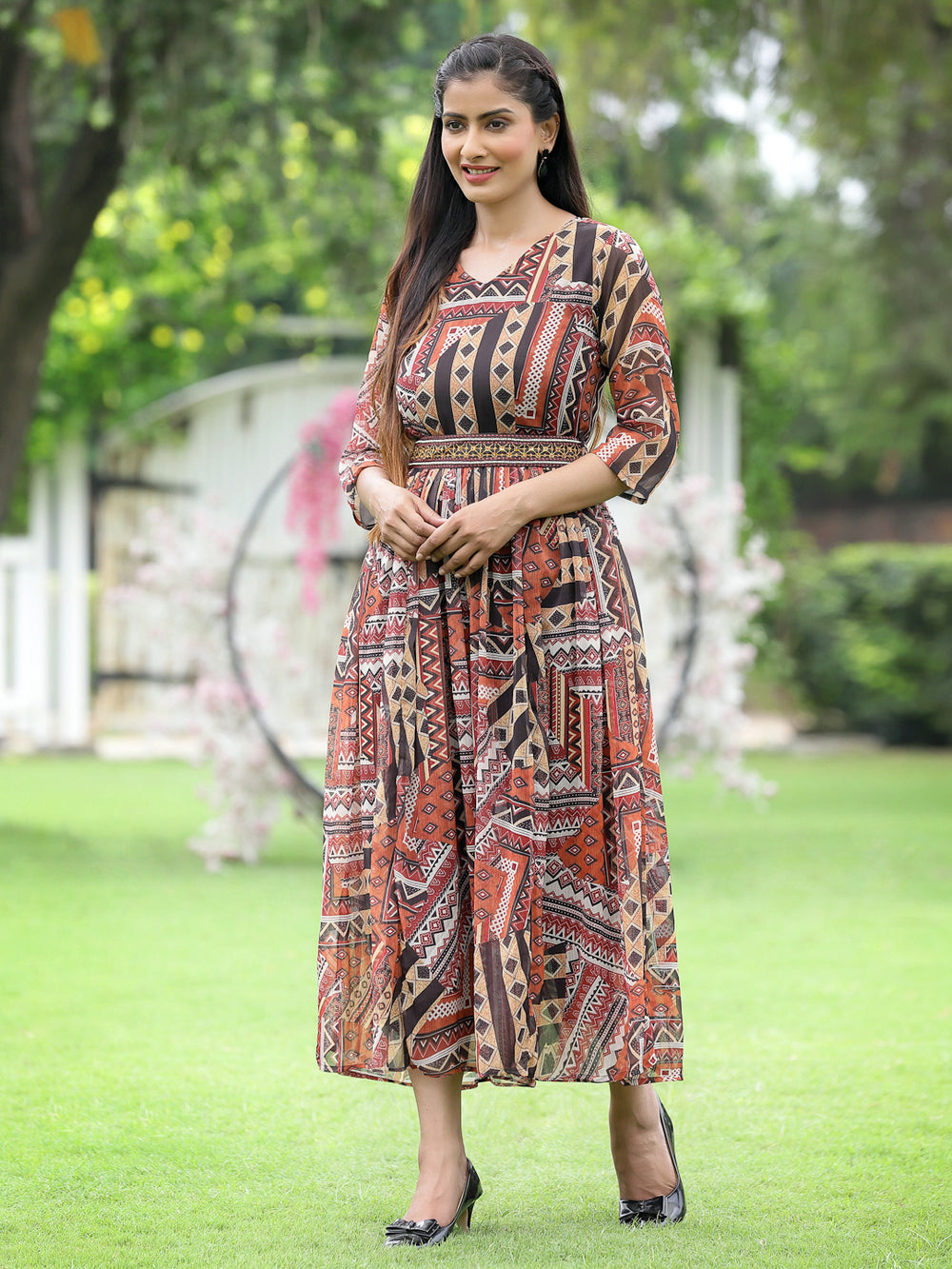 Juniper Brown Multi Chiffon Festive Printed Flared Jump Suit For Women