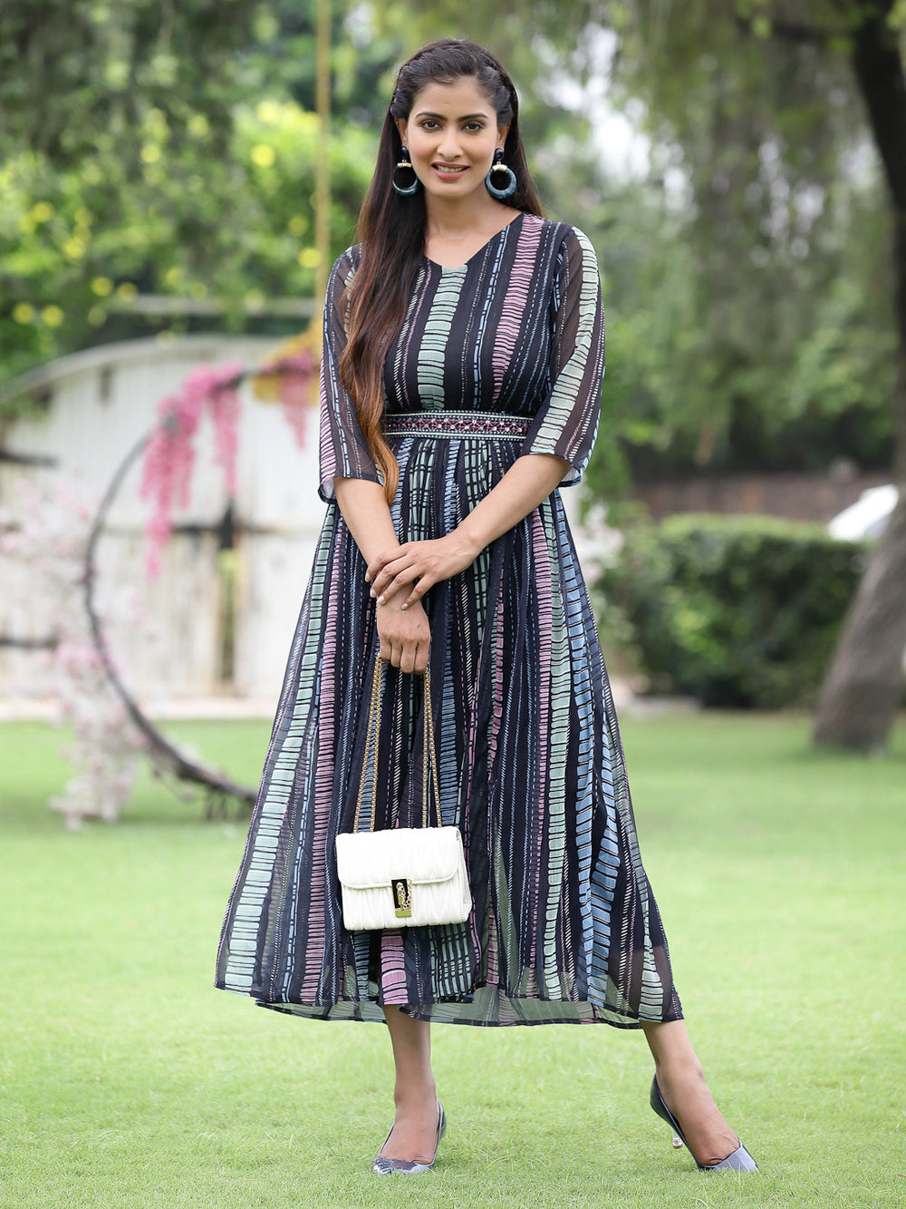 Juniper Black Multi Chiffon Festive Printed Flared Jump Suit For Women