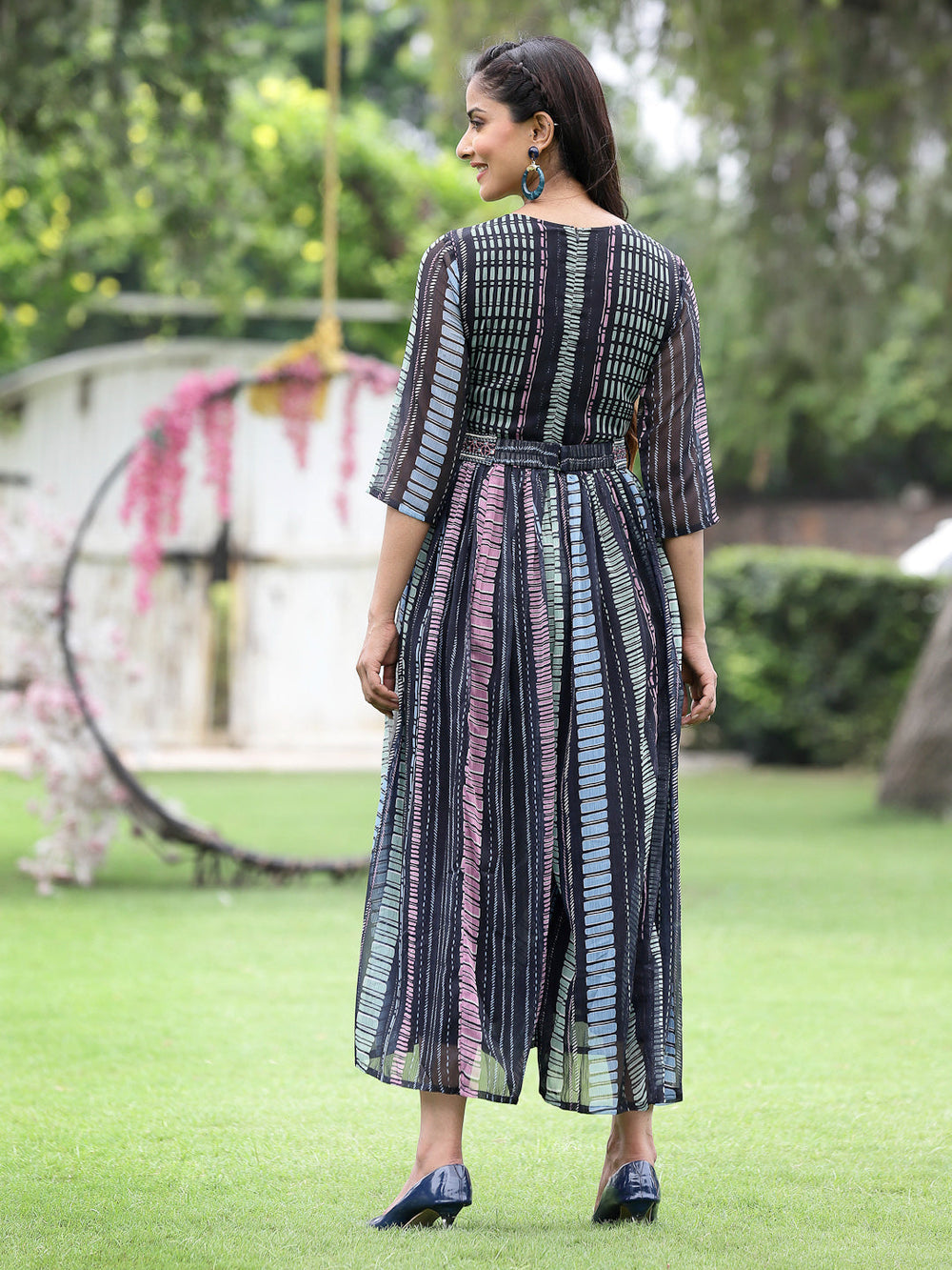 Juniper Black Multi Chiffon Festive Printed Flared Jump Suit For Women