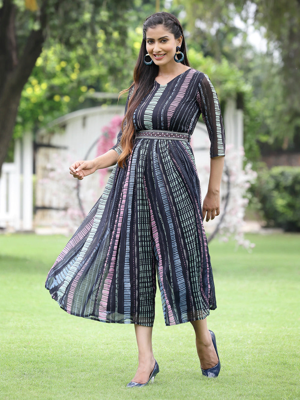 Juniper Black Multi Chiffon Festive Printed Flared Jump Suit For Women