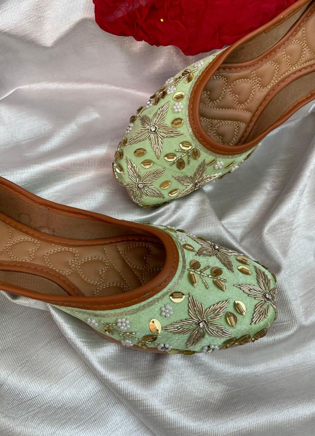 Desi Colour Women Indian Ethnic Footwear-Sea Green Dabka Flower