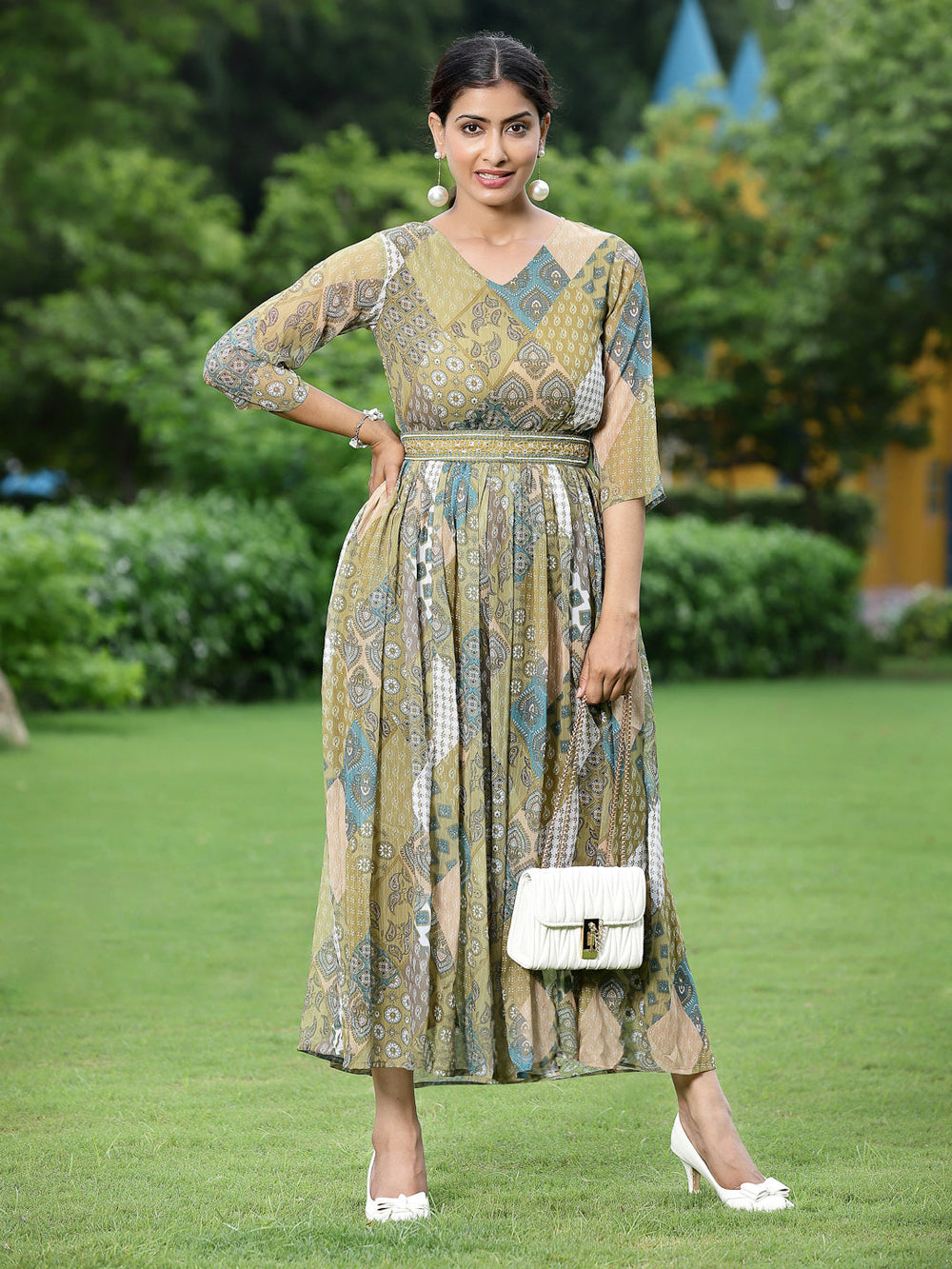 Juniper Green Multi Chiffon Festive Printed Flared Jump Suit For Women