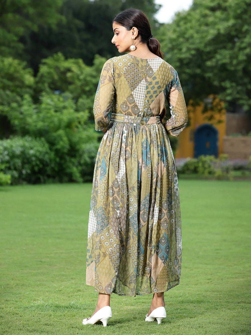 Juniper Green Multi Chiffon Festive Printed Flared Jump Suit For Women