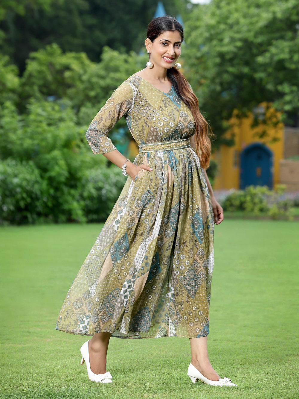 Juniper Green Multi Chiffon Festive Printed Flared Jump Suit For Women