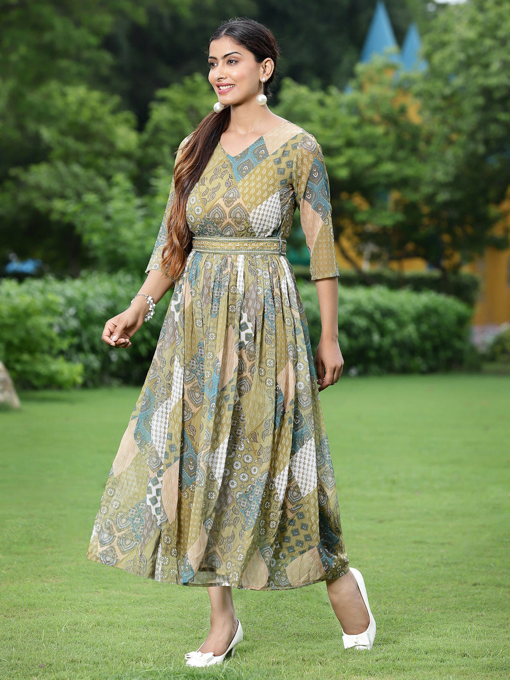 Juniper Green Multi Chiffon Festive Printed Flared Jump Suit For Women