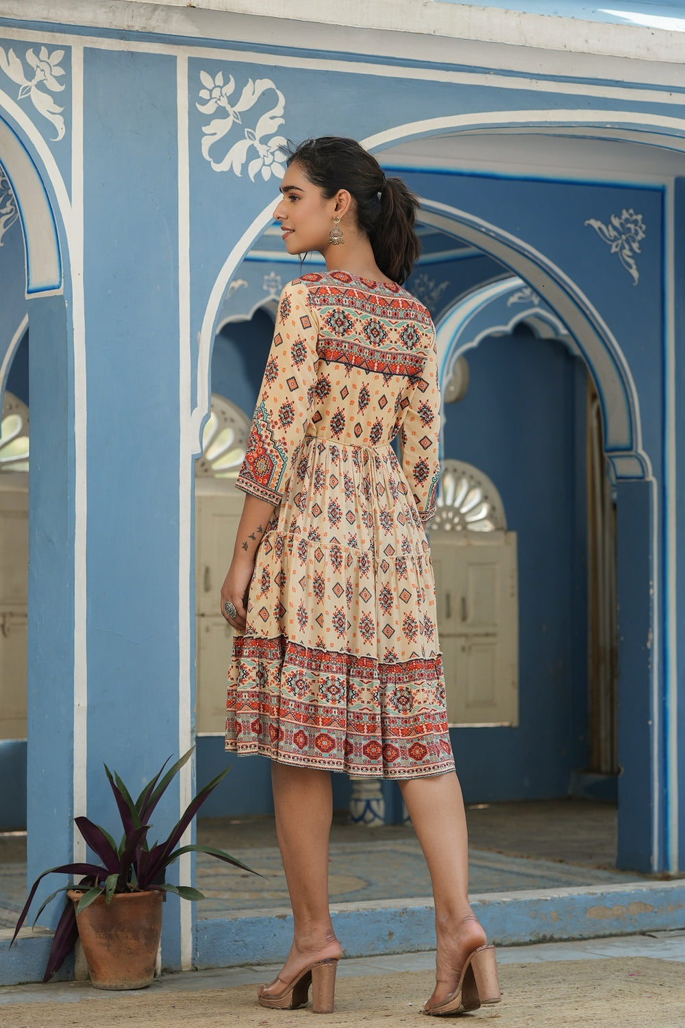 Juniper Beige Rayon Festive Printed Tiered Short Dress For Women