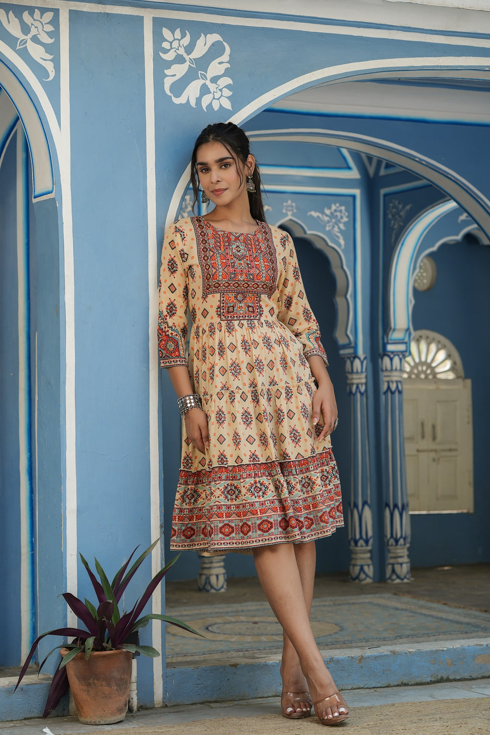 Juniper Beige Rayon Festive Printed Tiered Short Dress For Women
