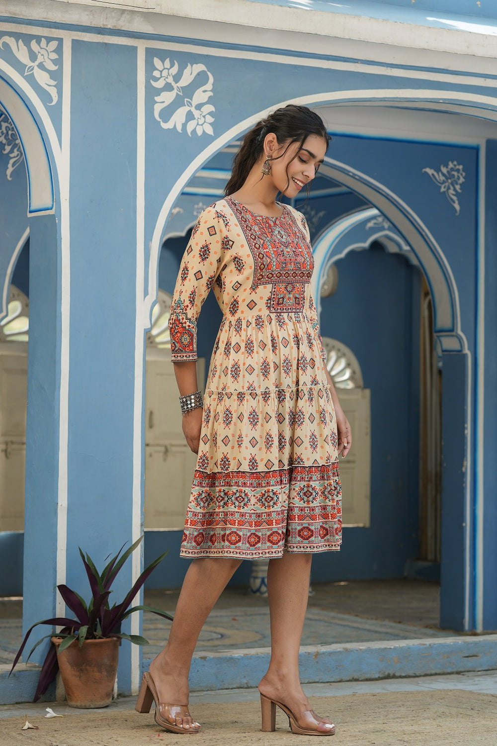 Juniper Beige Rayon Festive Printed Tiered Short Dress For Women