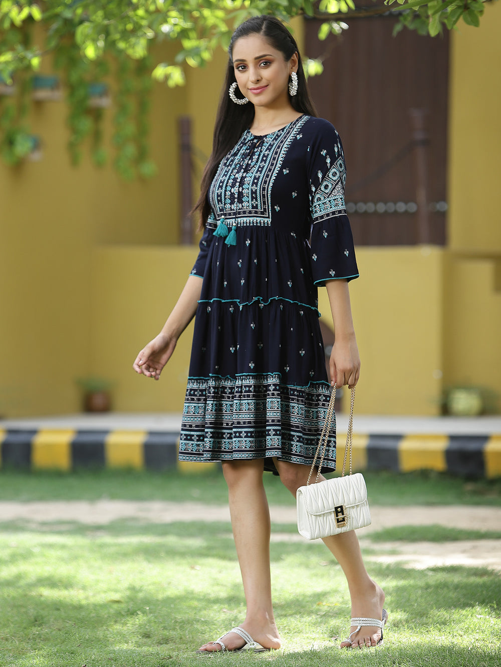 Juniper Navy Rayon Festive Printed Tiered Short Dress For Women