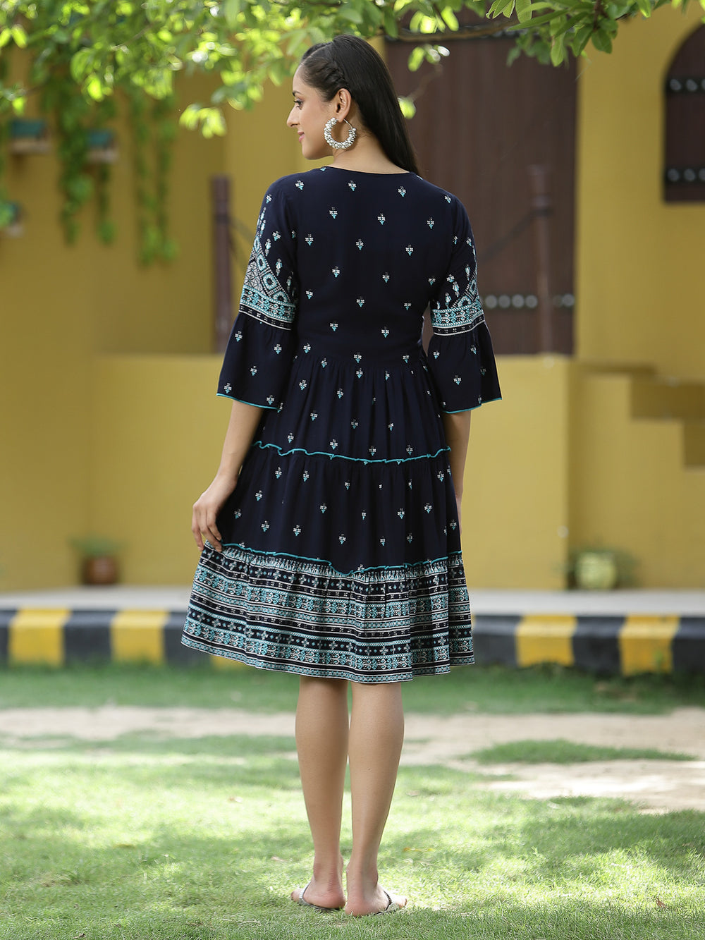 Juniper Navy Rayon Festive Printed Tiered Short Dress For Women
