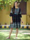 Juniper Navy Rayon Festive Printed Tiered Short Dress For Women