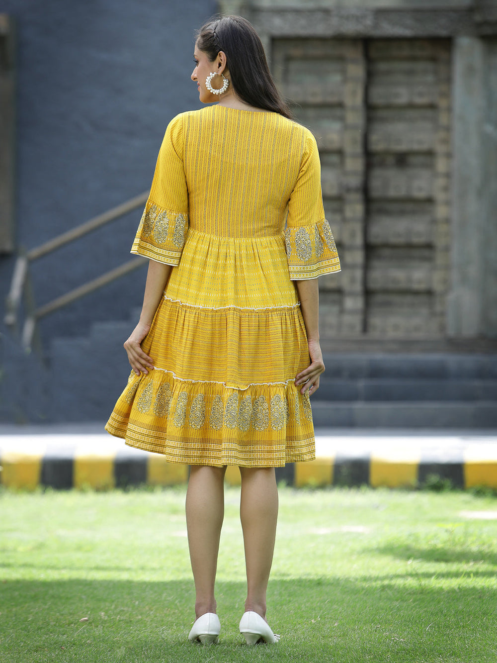 Juniper Mustard Rayon Festive Printed Tiered Short Dress For Women