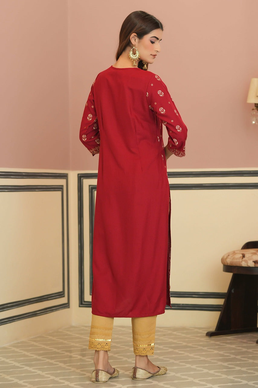 Juniper Maroon Rayon Festive Printed Straight Kurta For Women