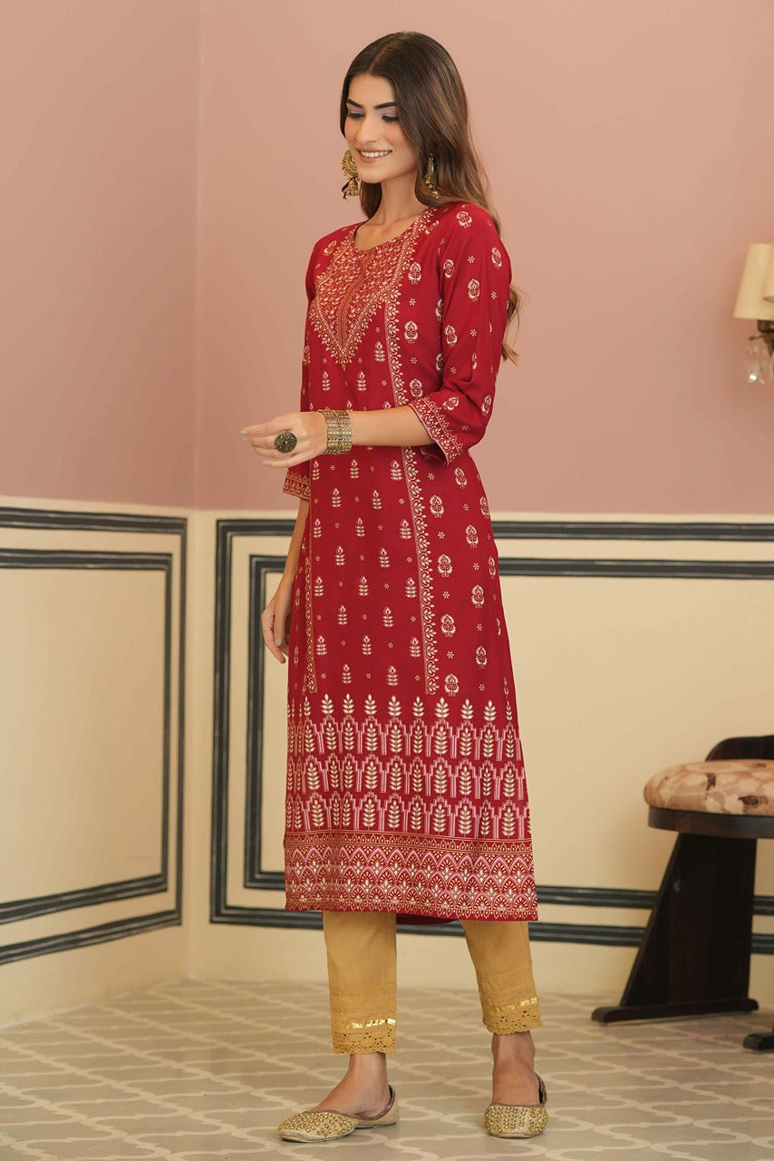 Juniper Maroon Rayon Festive Printed Straight Kurta For Women