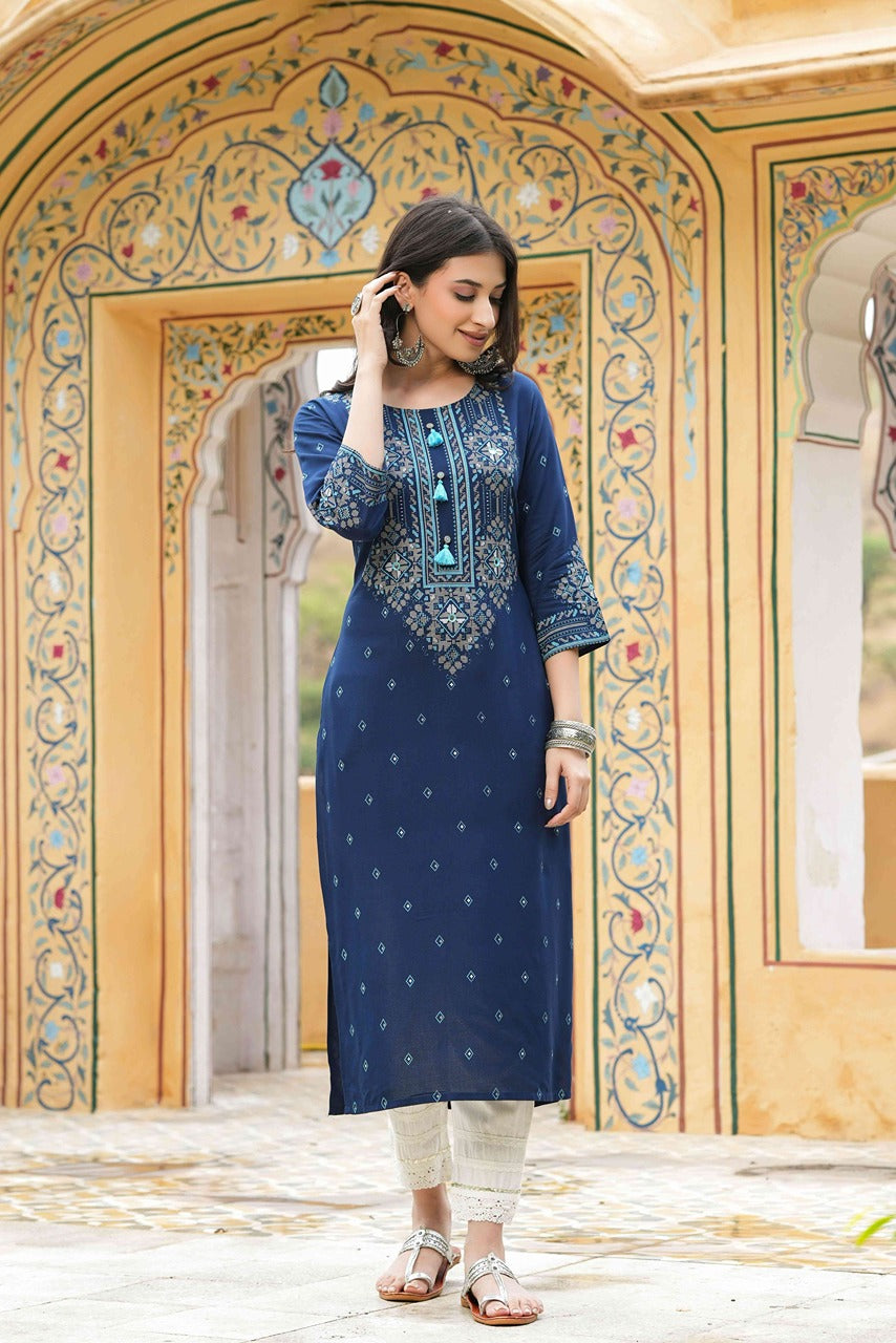 Juniper Blue Rayon Festive Printed Straight Kurta For Women